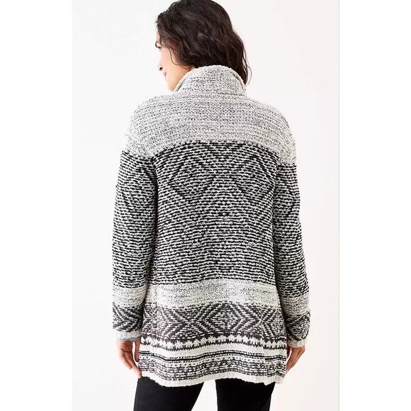 J. Jill Willow Fair Isle Long Sleeve Fringe Hem Cardigan‎ Sweater Black/White M - Picture 2 of 9